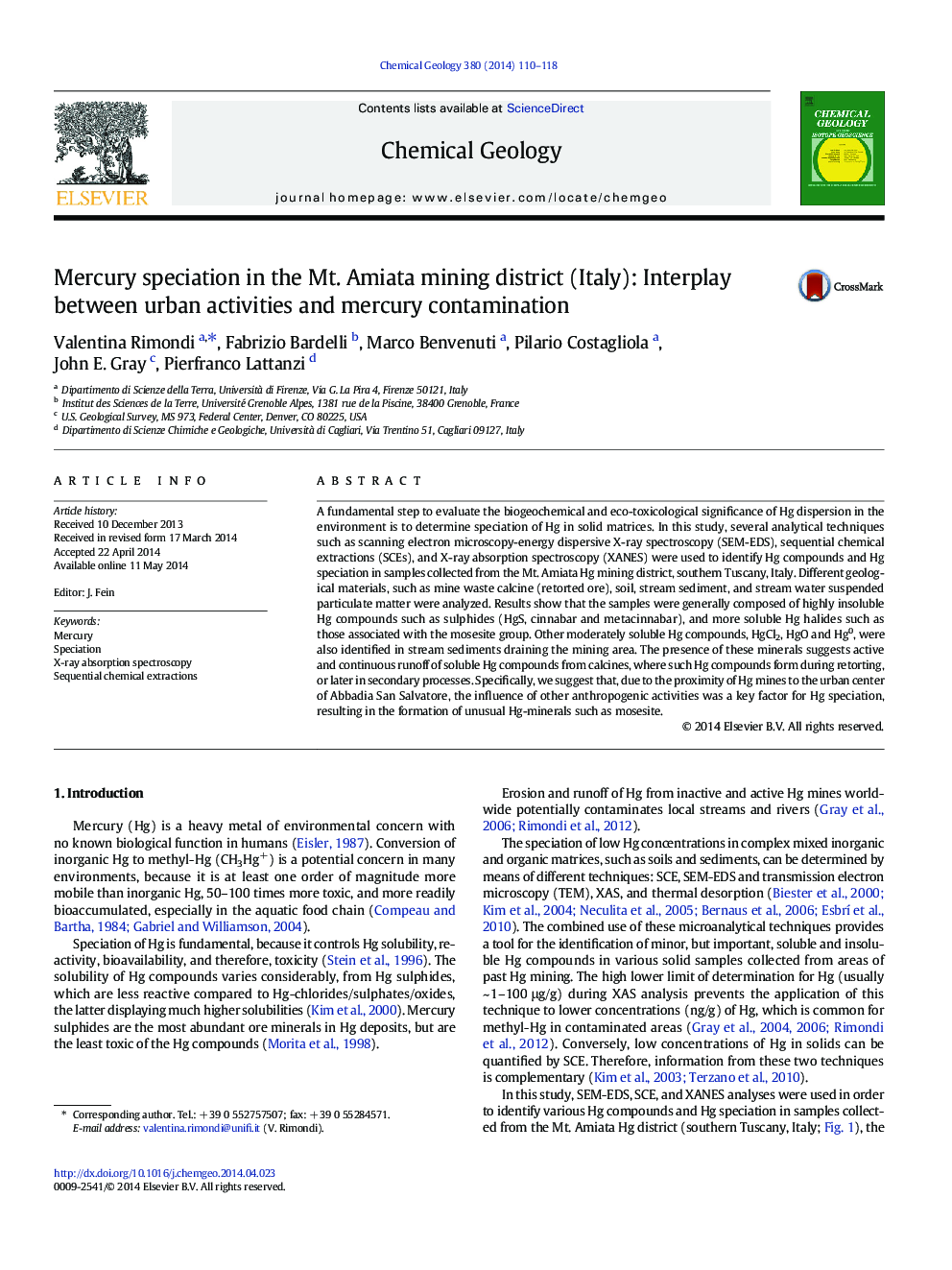 Mercury speciation in the Mt. Amiata mining district (Italy): Interplay between urban activities and mercury contamination