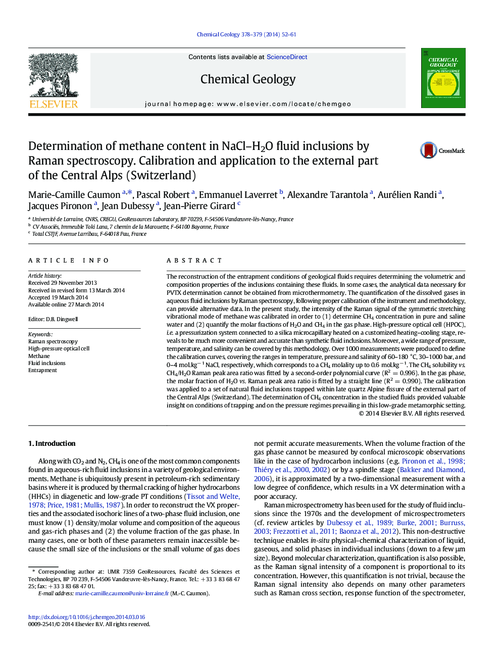 Determination of methane content in NaCl–H2O fluid inclusions by Raman spectroscopy. Calibration and application to the external part of the Central Alps (Switzerland)