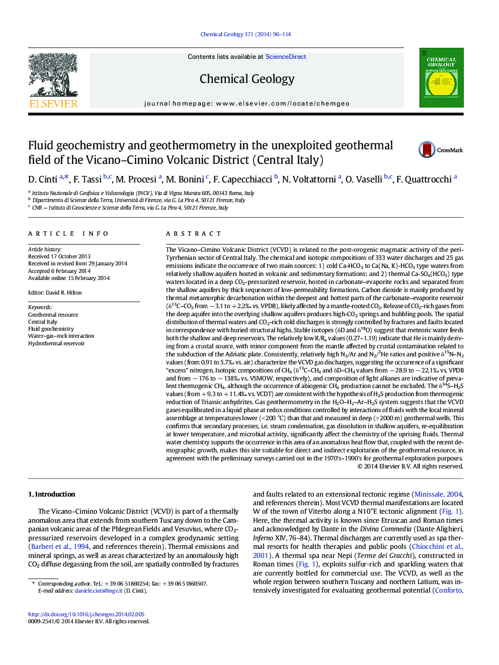 Fluid geochemistry and geothermometry in the unexploited geothermal field of the Vicano–Cimino Volcanic District (Central Italy)