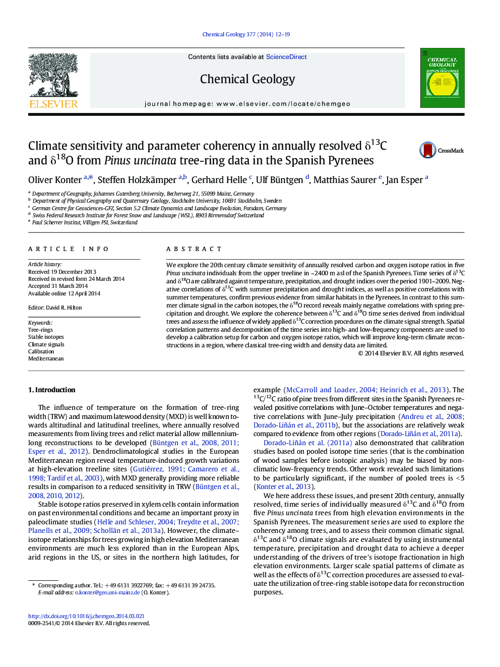 Climate sensitivity and parameter coherency in annually resolved δ13C and δ18O from Pinus uncinata tree-ring data in the Spanish Pyrenees