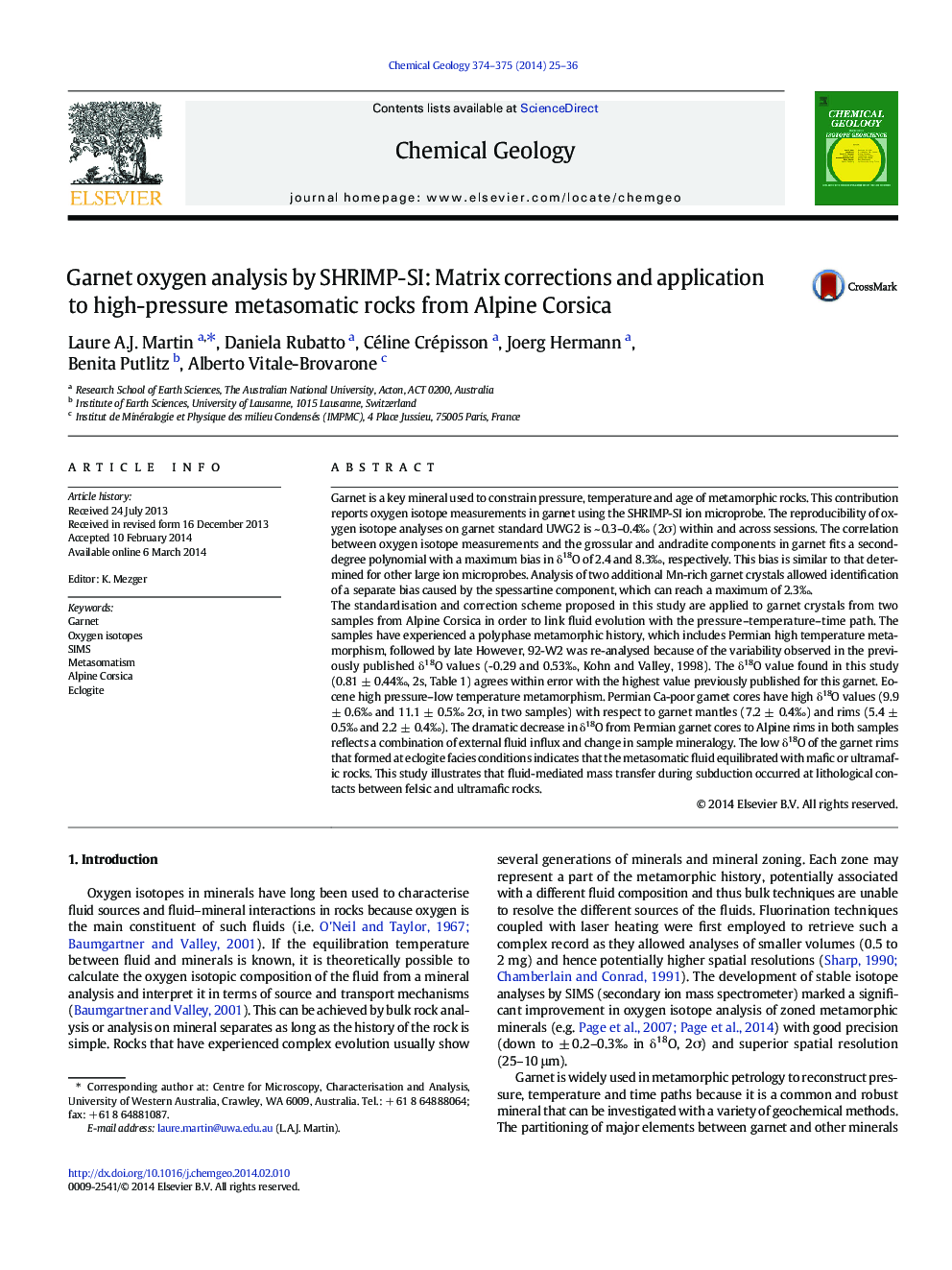 Garnet oxygen analysis by SHRIMP-SI: Matrix corrections and application to high-pressure metasomatic rocks from Alpine Corsica