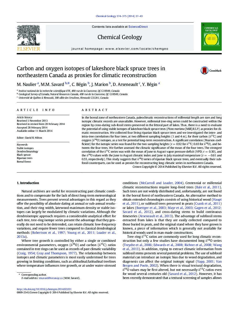 Carbon and oxygen isotopes of lakeshore black spruce trees in northeastern Canada as proxies for climatic reconstruction