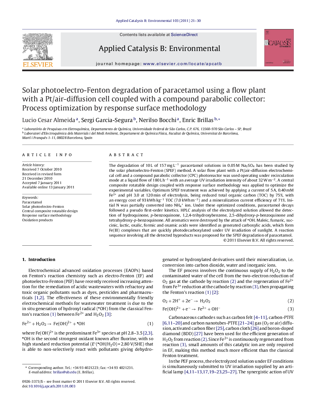 Solar photoelectro-Fenton degradation of paracetamol using a flow plant with a Pt/air-diffusion cell coupled with a compound parabolic collector: Process optimization by response surface methodology