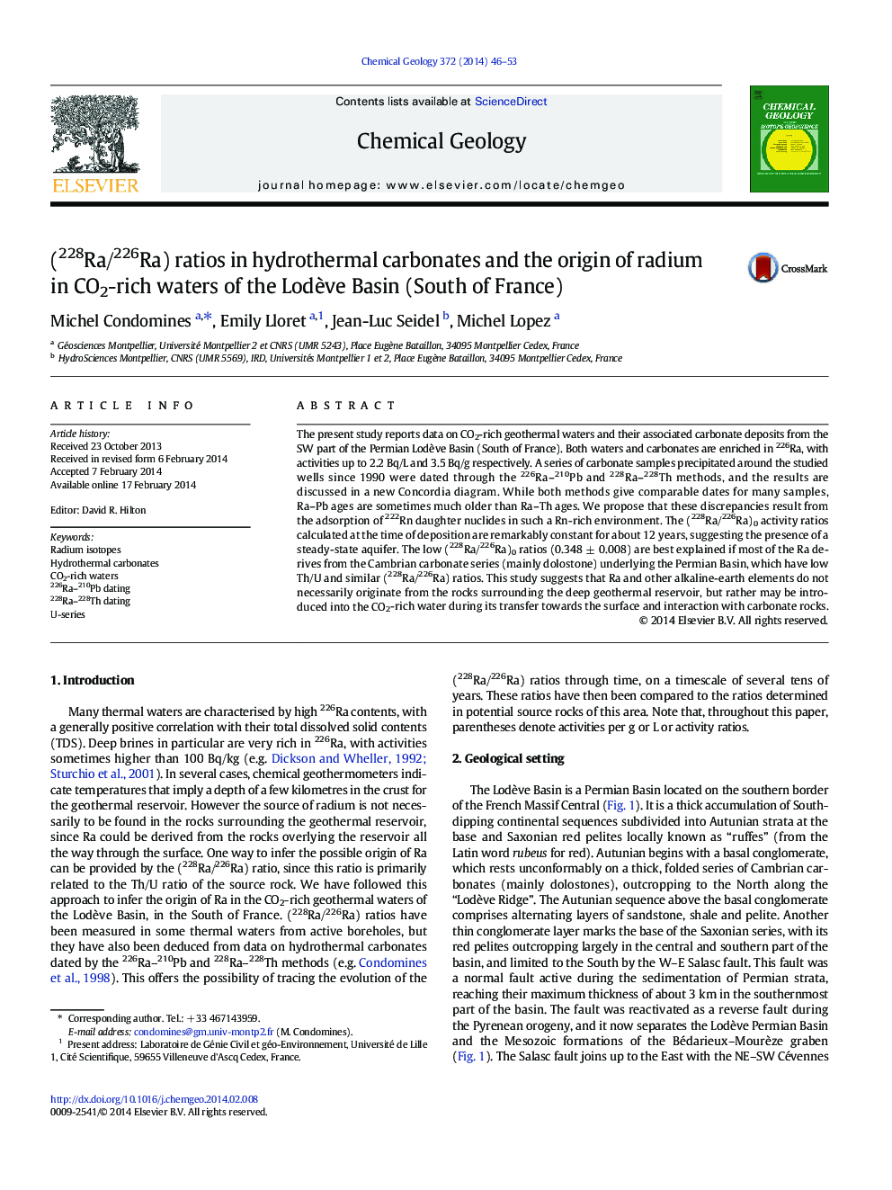 (228Ra/226Ra) ratios in hydrothermal carbonates and the origin of radium in CO2-rich waters of the Lodève Basin (South of France)