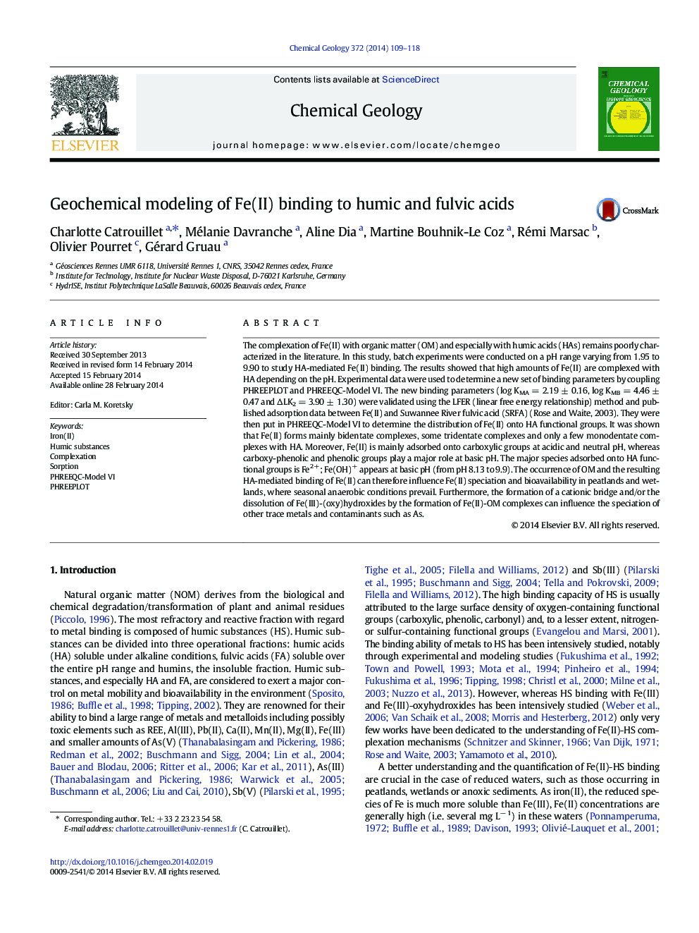 Geochemical modeling of Fe(II) binding to humic and fulvic acids