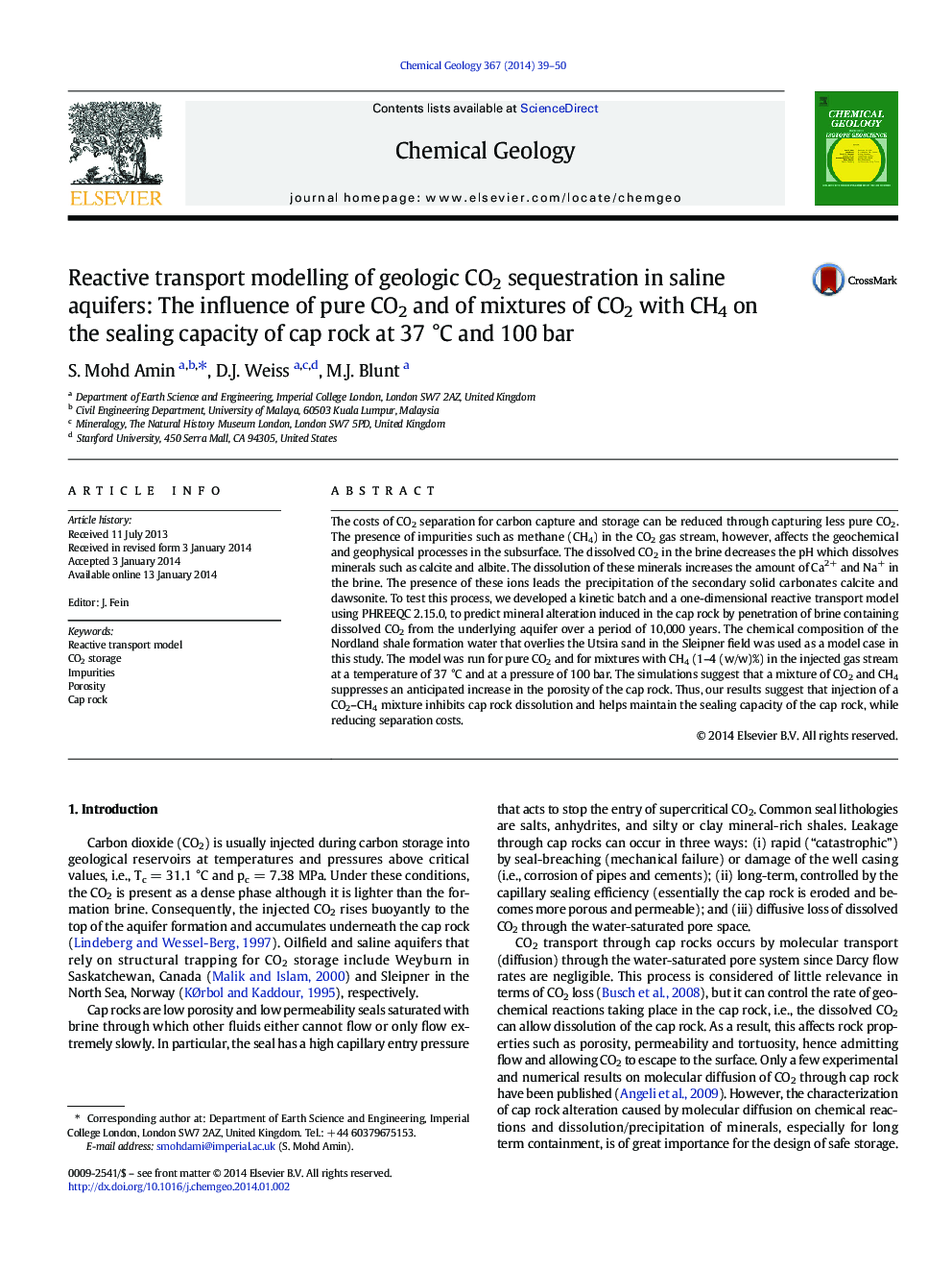 Reactive transport modelling of geologic CO2 sequestration in saline aquifers: The influence of pure CO2 and of mixtures of CO2 with CH4 on the sealing capacity of cap rock at 37 °C and 100 bar