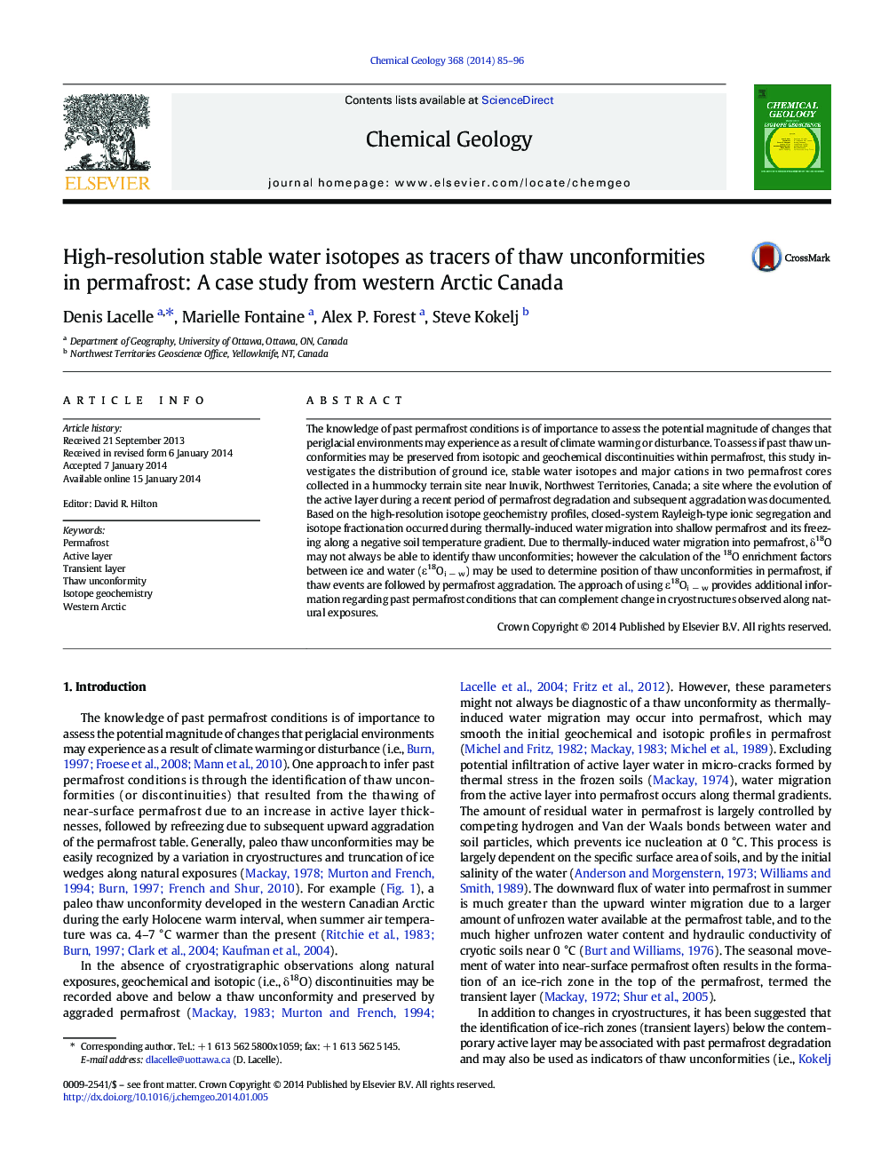 High-resolution stable water isotopes as tracers of thaw unconformities in permafrost: A case study from western Arctic Canada