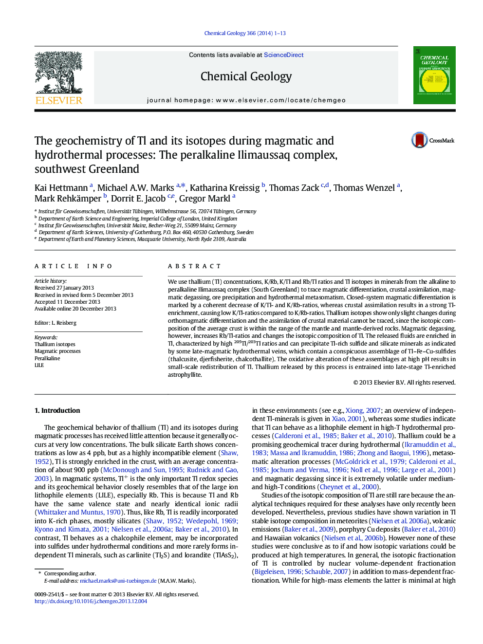 عکس صفحه اول مقاله: The geochemistry of Tl and its isotopes during magmatic and hydrothermal processes: The peralkaline Ilimaussaq complex, southwest Greenland The geochemistry of Tl and its isotopes during magmatic and hydrothermal processes: The peralkaline Ilimaussaq complex, southwest Greenland