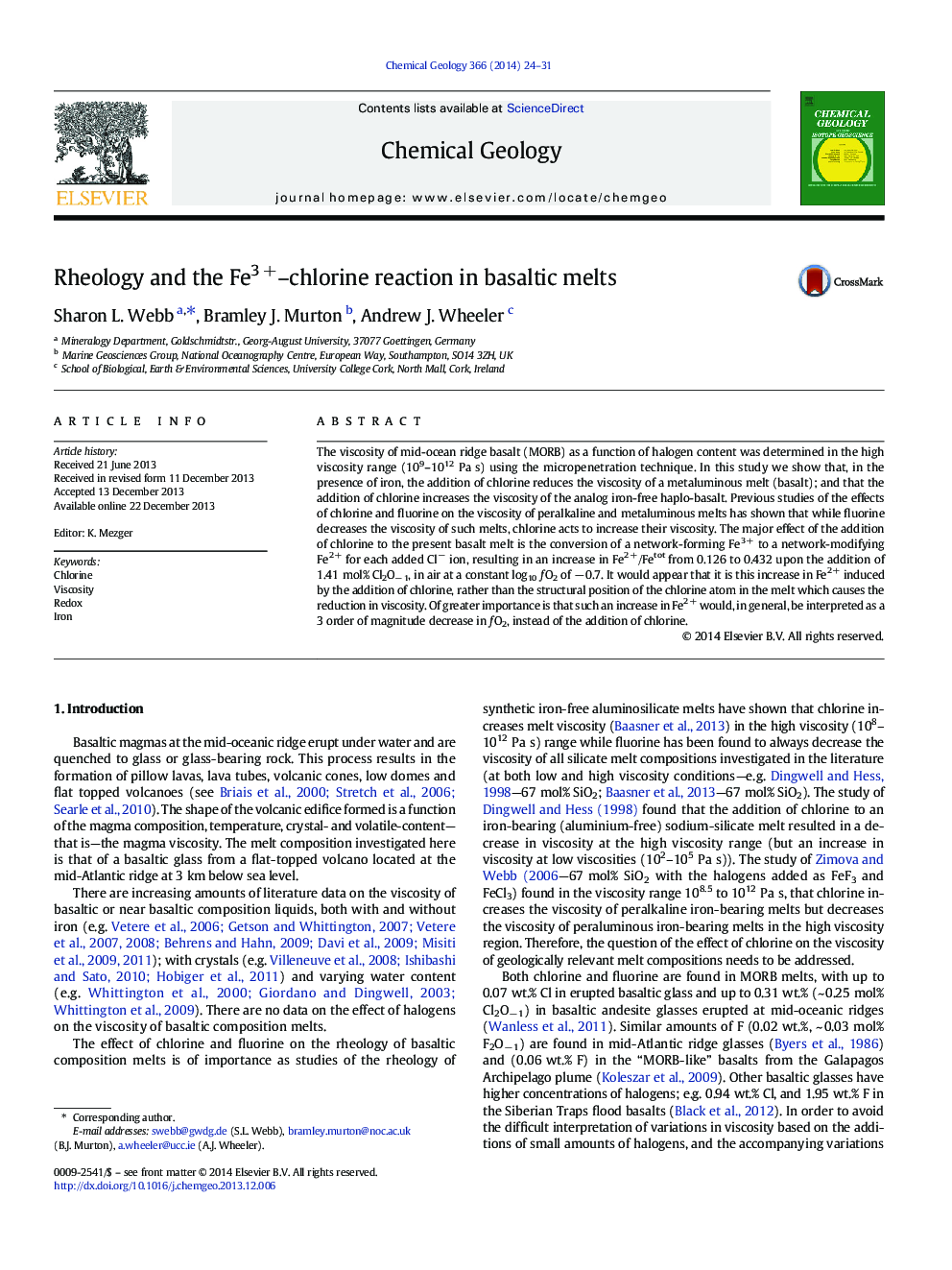 Rheology and the Fe3 +–chlorine reaction in basaltic melts