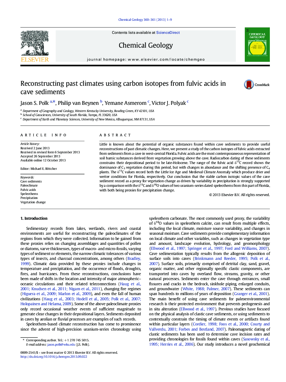 Reconstructing past climates using carbon isotopes from fulvic acids in cave sediments