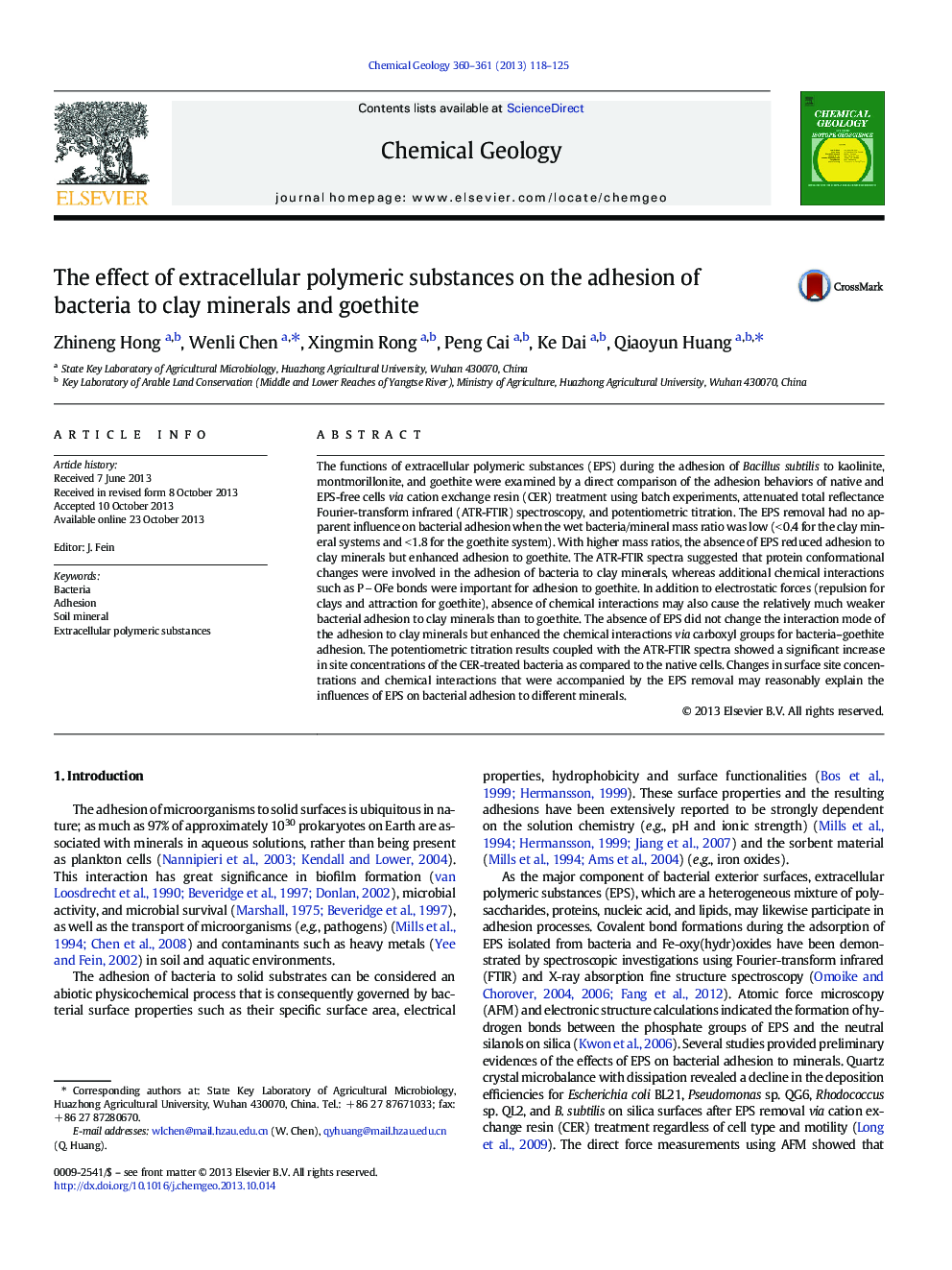 The effect of extracellular polymeric substances on the adhesion of bacteria to clay minerals and goethite