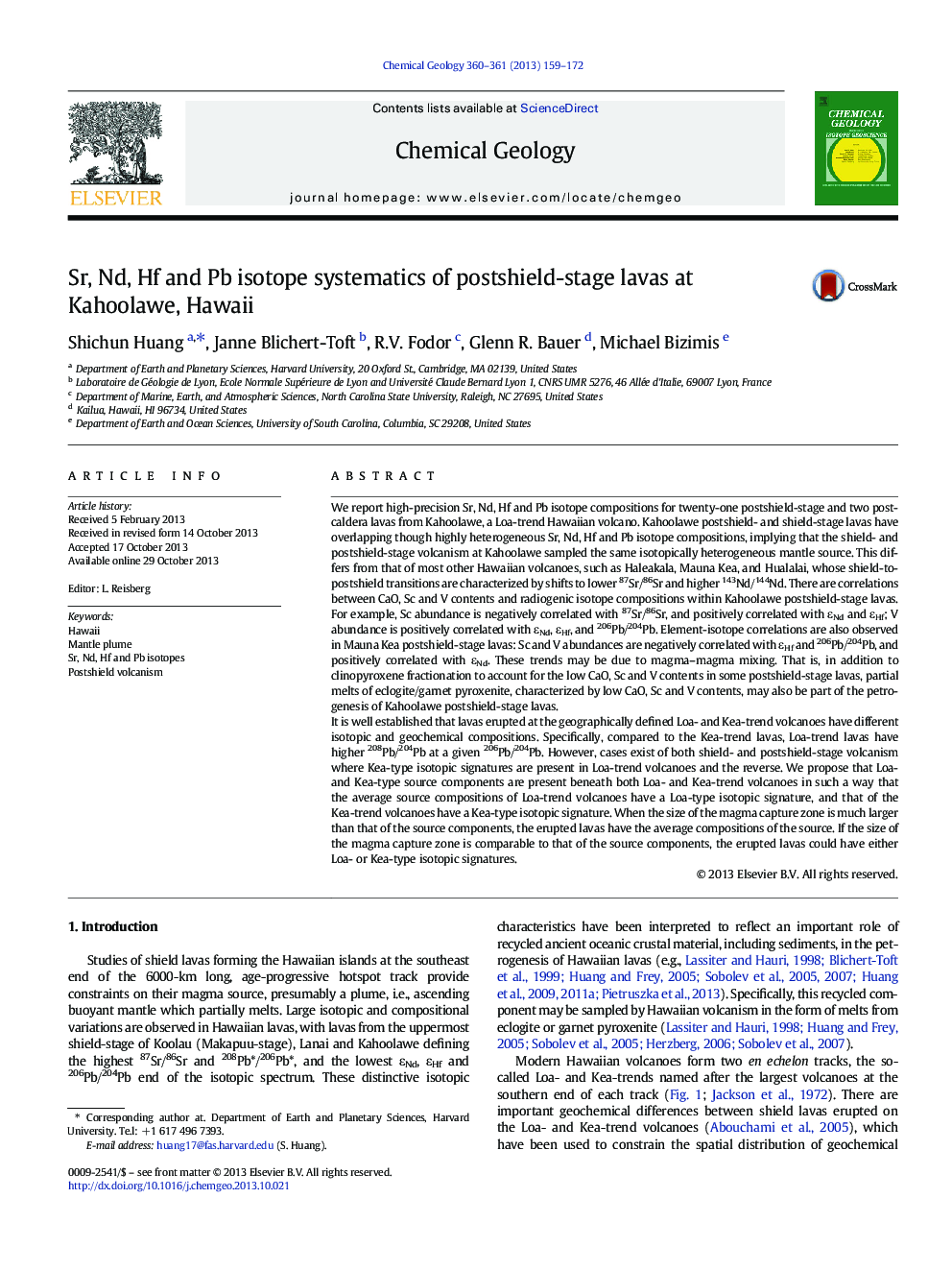 Sr, Nd, Hf and Pb isotope systematics of postshield-stage lavas at Kahoolawe, Hawaii