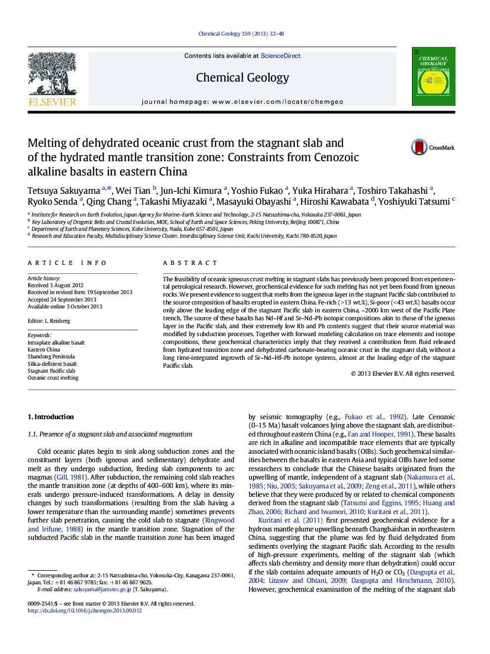 Melting of dehydrated oceanic crust from the stagnant slab and of the hydrated mantle transition zone: Constraints from Cenozoic alkaline basalts in eastern China