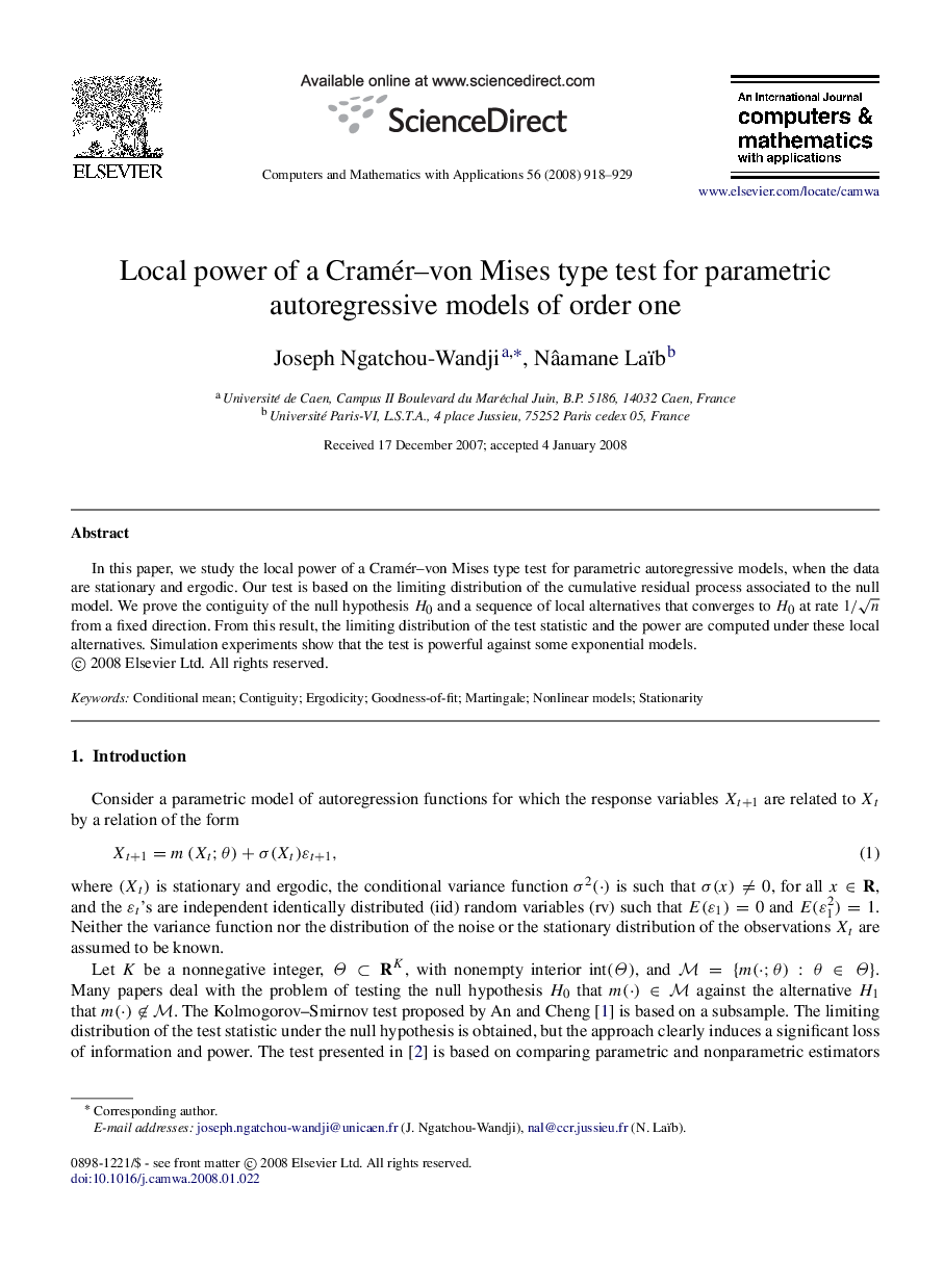 Local power of a Cramér–von Mises type test for parametric autoregressive models of order one