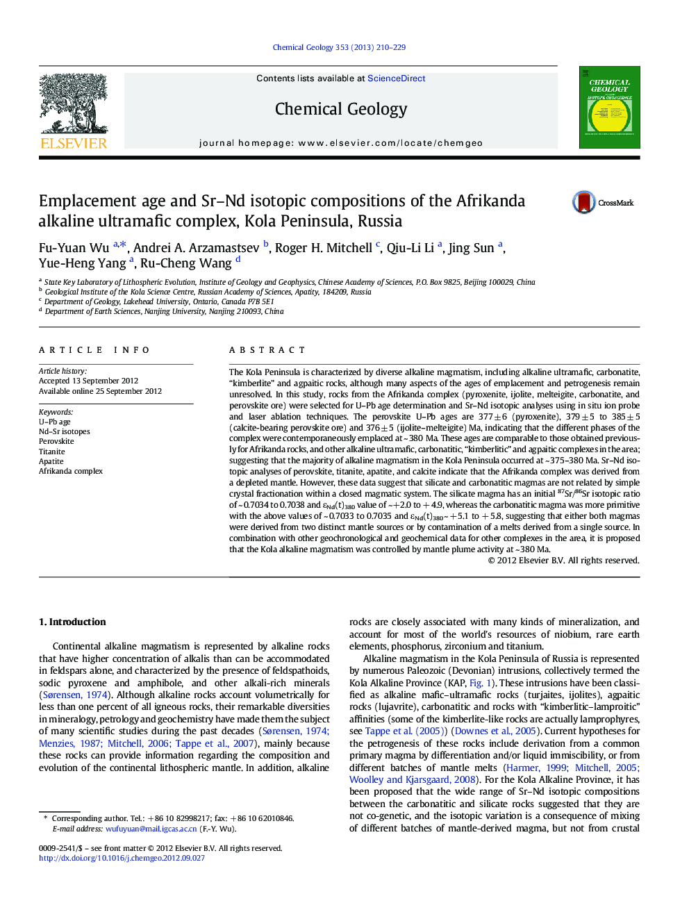 Emplacement age and Sr–Nd isotopic compositions of the Afrikanda alkaline ultramafic complex, Kola Peninsula, Russia