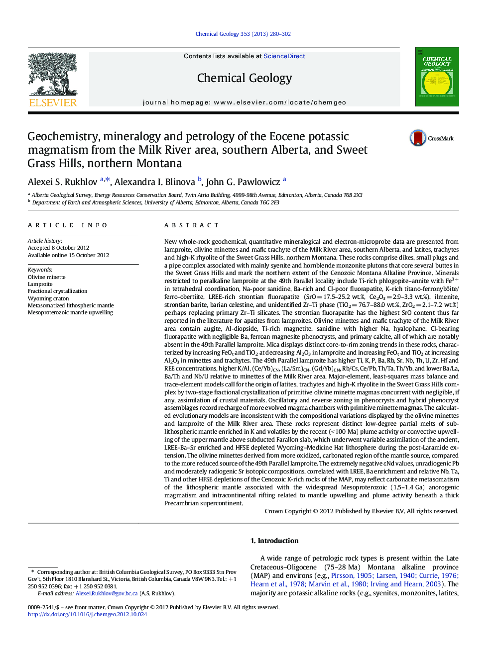 Geochemistry, mineralogy and petrology of the Eocene potassic magmatism from the Milk River area, southern Alberta, and Sweet Grass Hills, northern Montana