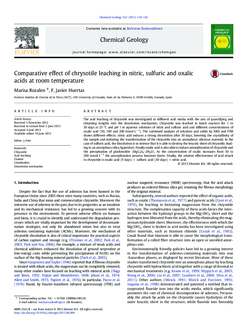 اثر تطبیقی ​​اشباع کریستوتیل در اسید نیتریک، سولفوریک و اگزالیک در دمای اتاق 