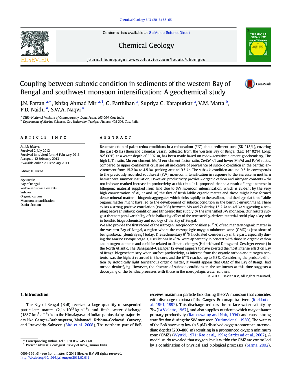 Coupling between suboxic condition in sediments of the western Bay of Bengal and southwest monsoon intensification: A geochemical study