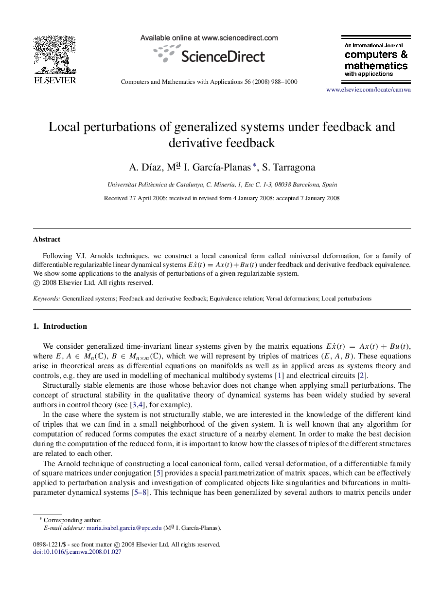 Local perturbations of generalized systems under feedback and derivative feedback