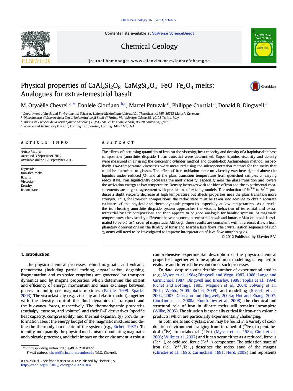 Physical properties of CaAl2Si2O8–CaMgSi2O6–FeO–Fe2O3 melts: Analogues for extra-terrestrial basalt