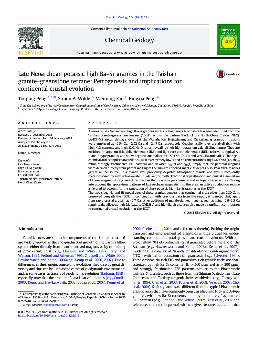 Late Neoarchean potassic high Ba–Sr granites in the Taishan granite–greenstone terrane: Petrogenesis and implications for continental crustal evolution