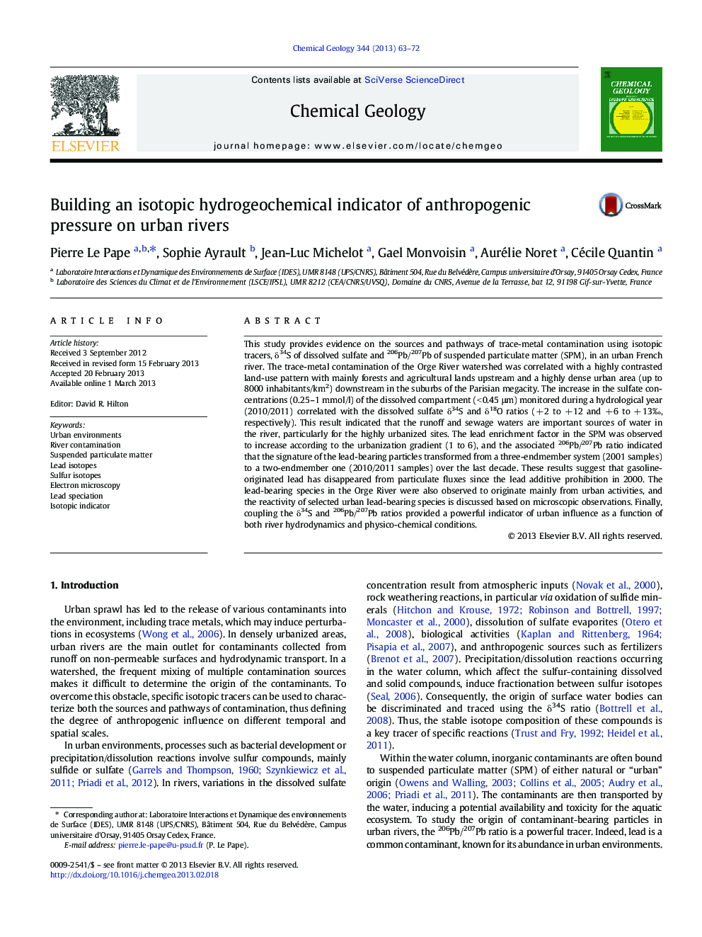 Building an isotopic hydrogeochemical indicator of anthropogenic pressure on urban rivers