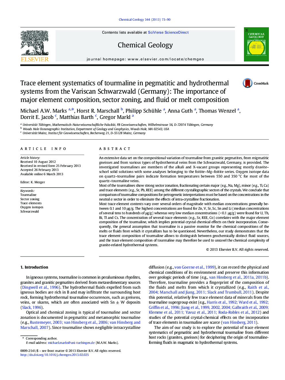 Trace element systematics of tourmaline in pegmatitic and hydrothermal systems from the Variscan Schwarzwald (Germany): The importance of major element composition, sector zoning, and fluid or melt composition