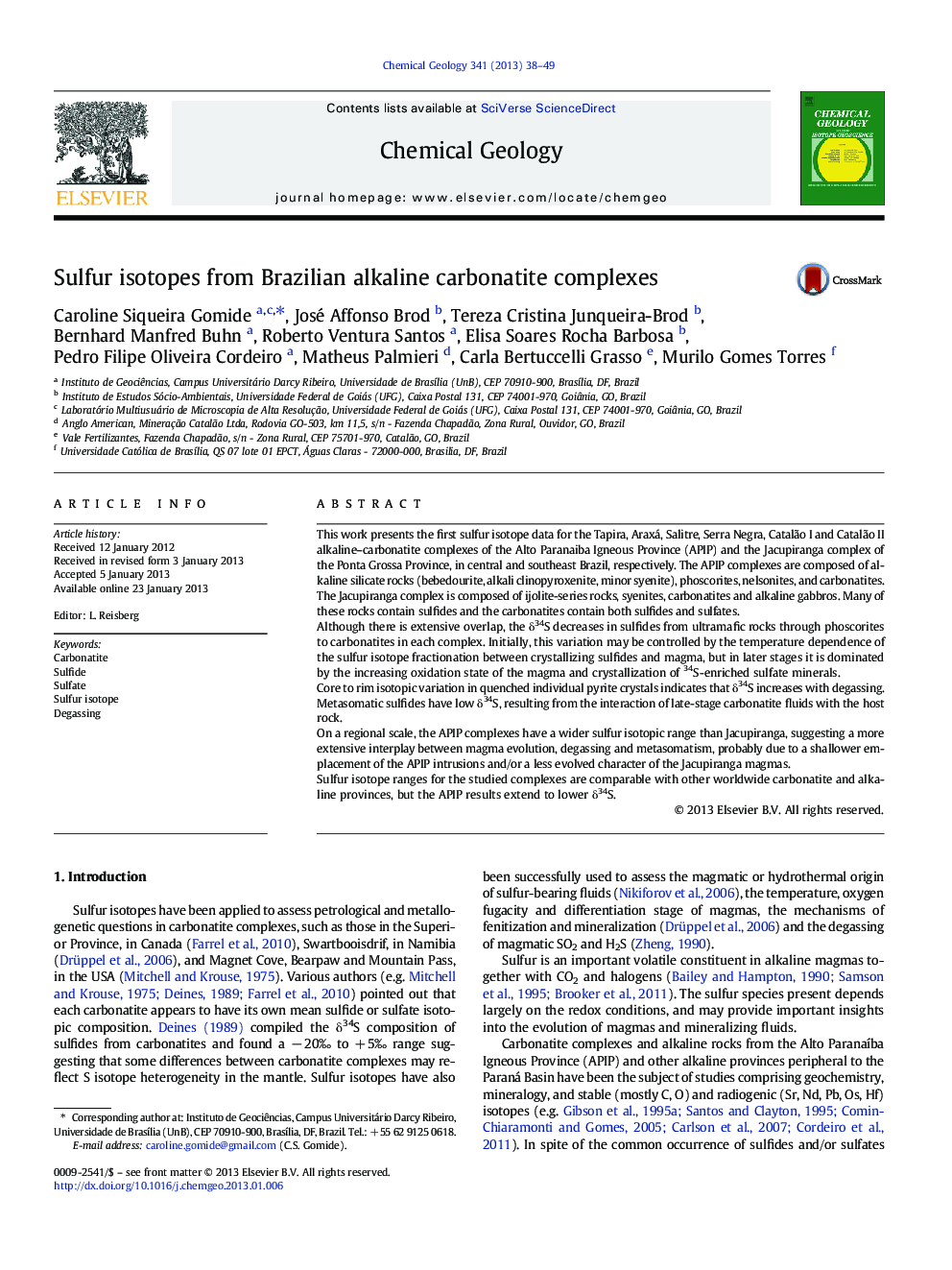 Sulfur isotopes from Brazilian alkaline carbonatite complexes