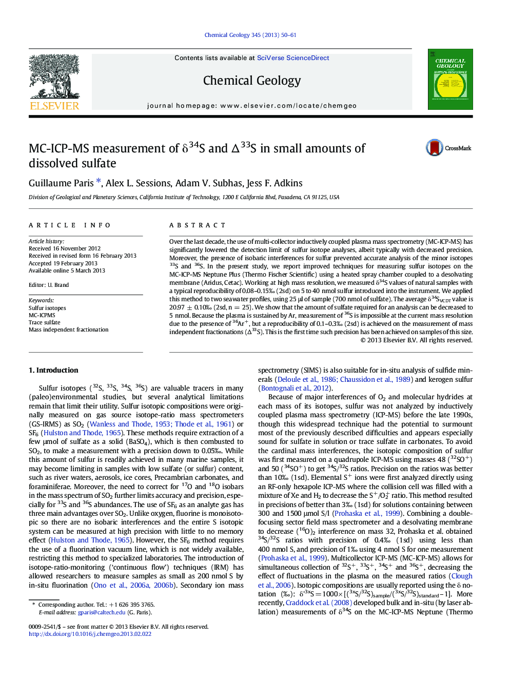 MC-ICP-MS measurement of δ34S and ∆33S in small amounts of dissolved sulfate