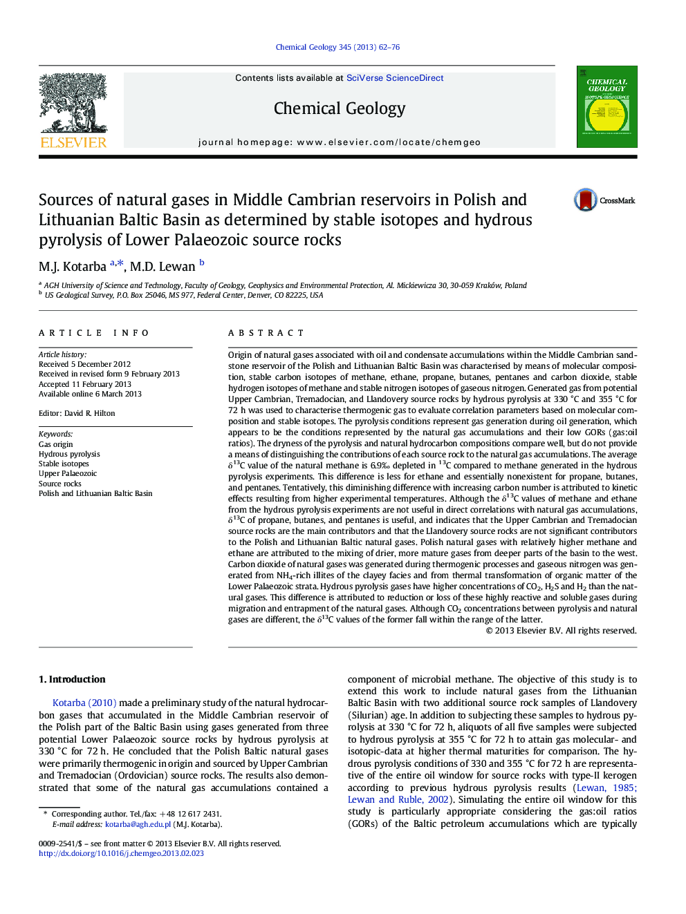 Sources of natural gases in Middle Cambrian reservoirs in Polish and Lithuanian Baltic Basin as determined by stable isotopes and hydrous pyrolysis of Lower Palaeozoic source rocks