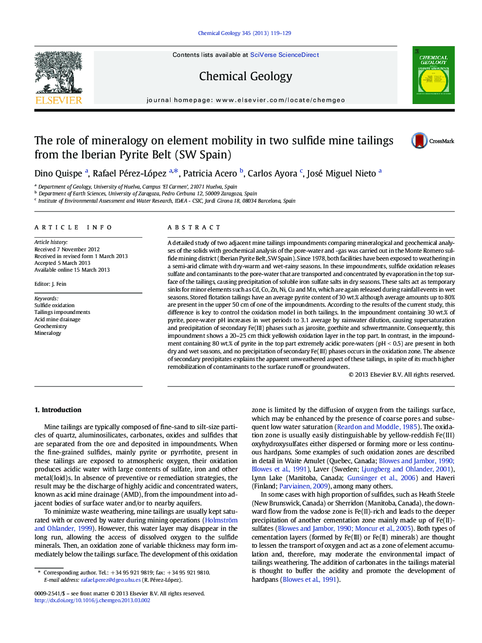 The role of mineralogy on element mobility in two sulfide mine tailings from the Iberian Pyrite Belt (SW Spain)