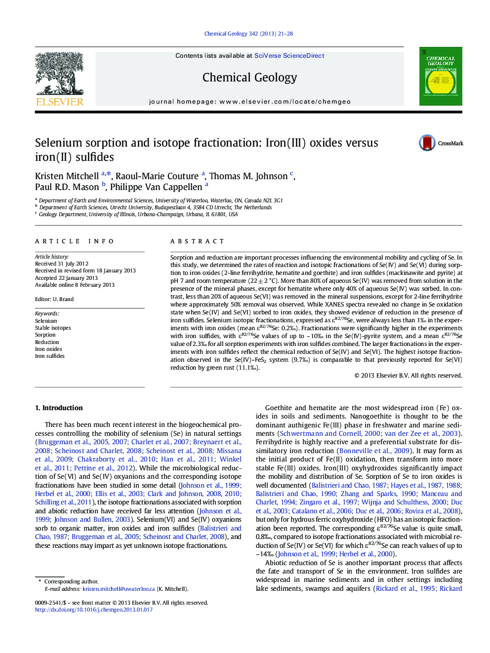 Selenium sorption and isotope fractionation: Iron(III) oxides versus iron(II) sulfides