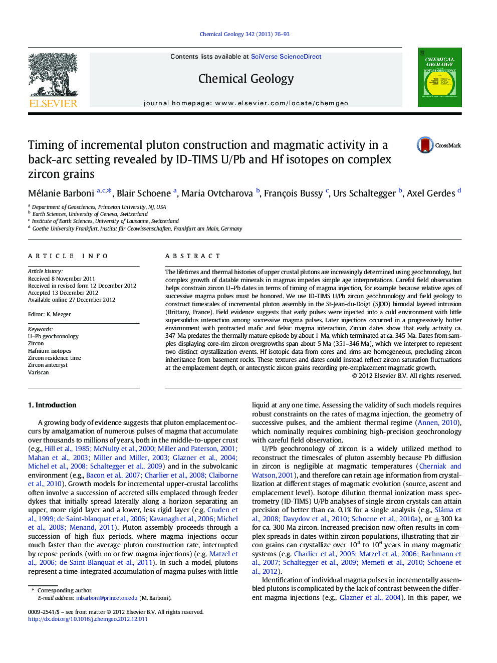 Timing of incremental pluton construction and magmatic activity in a back-arc setting revealed by ID-TIMS U/Pb and Hf isotopes on complex zircon grains