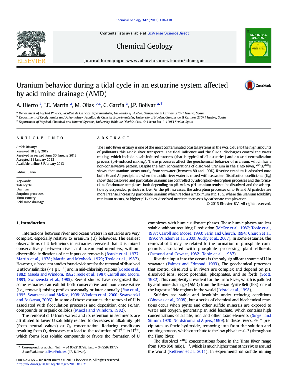 Uranium behavior during a tidal cycle in an estuarine system affected by acid mine drainage (AMD)