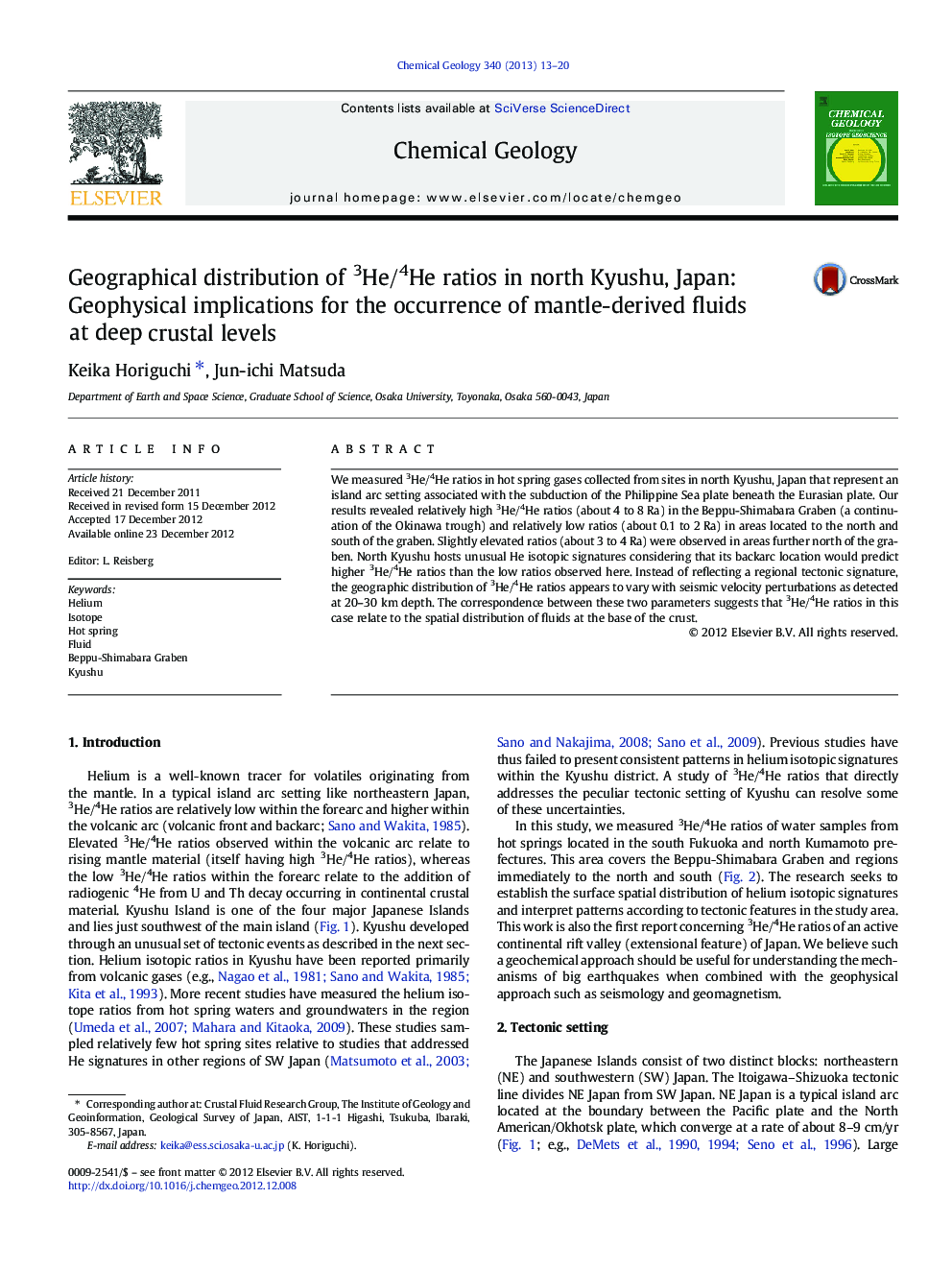 Geographical distribution of 3He/4He ratios in north Kyushu, Japan: Geophysical implications for the occurrence of mantle-derived fluids at deep crustal levels