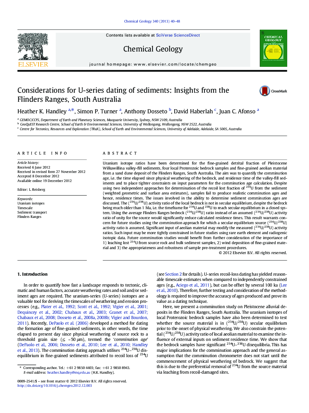 Considerations for U-series dating of sediments: Insights from the Flinders Ranges, South Australia