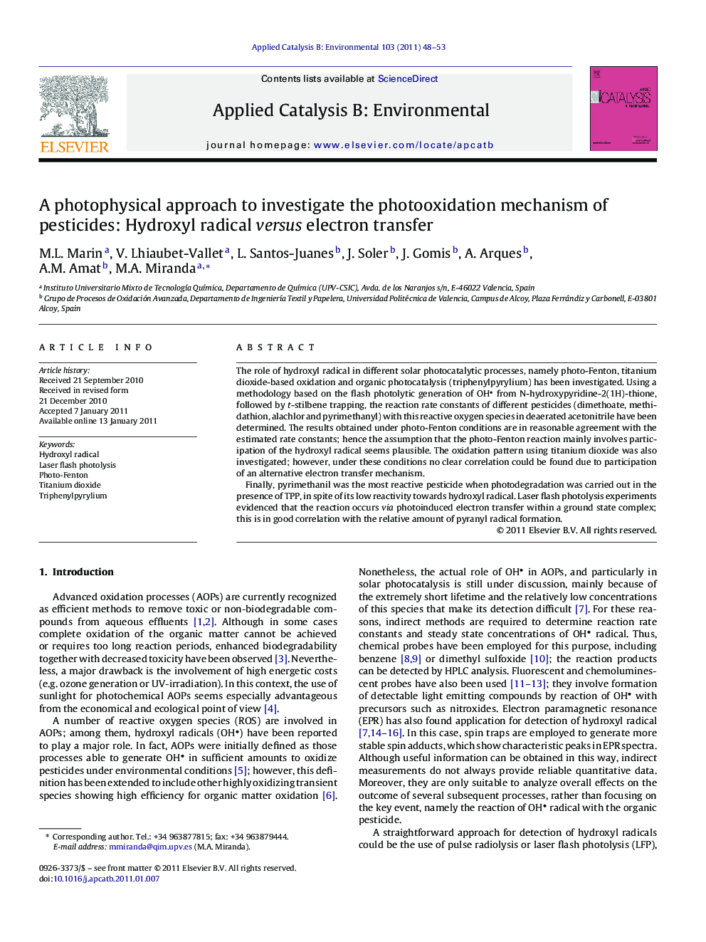 A photophysical approach to investigate the photooxidation mechanism of pesticides: Hydroxyl radical versus electron transfer