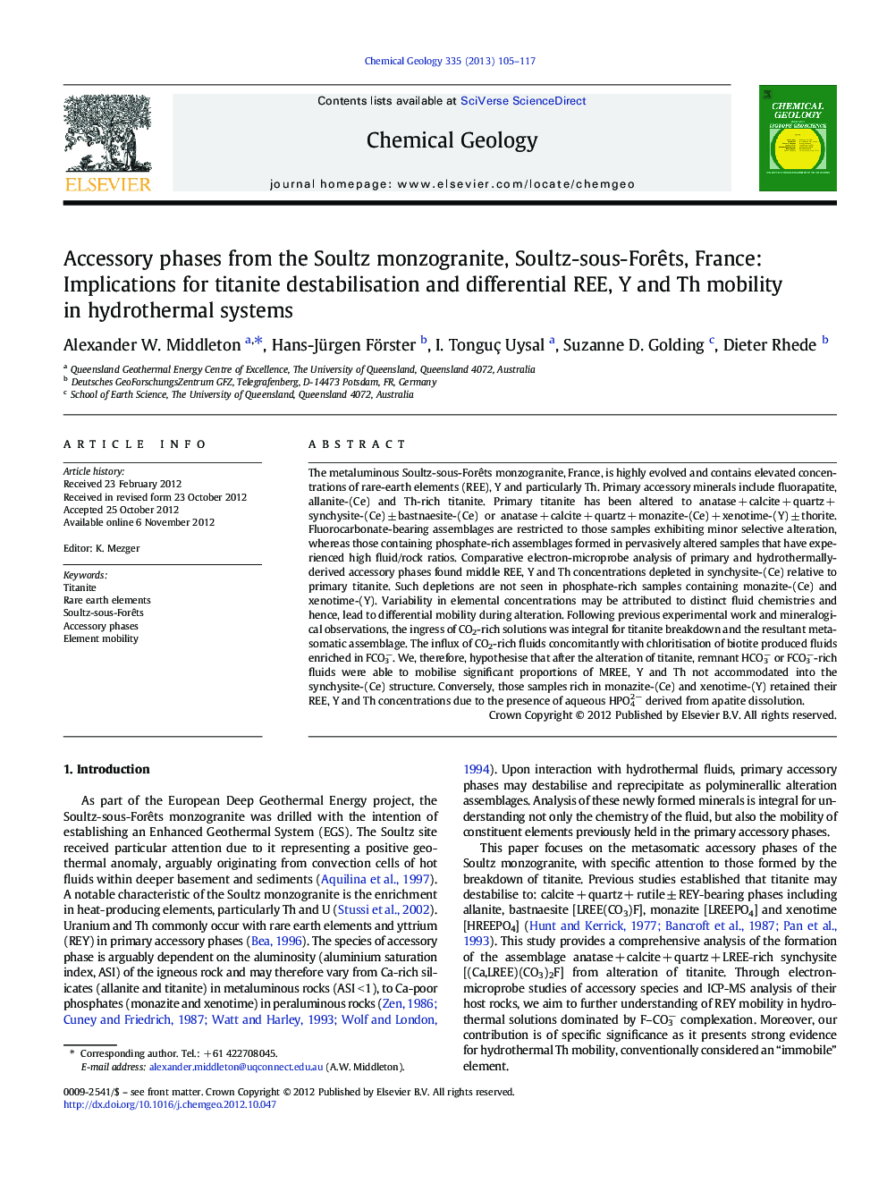 Accessory phases from the Soultz monzogranite, Soultz-sous-Forêts, France: Implications for titanite destabilisation and differential REE, Y and Th mobility in hydrothermal systems