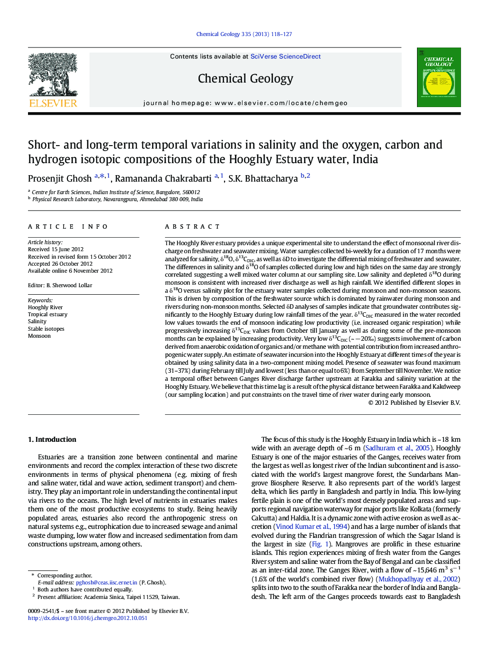 Short- and long-term temporal variations in salinity and the oxygen, carbon and hydrogen isotopic compositions of the Hooghly Estuary water, India