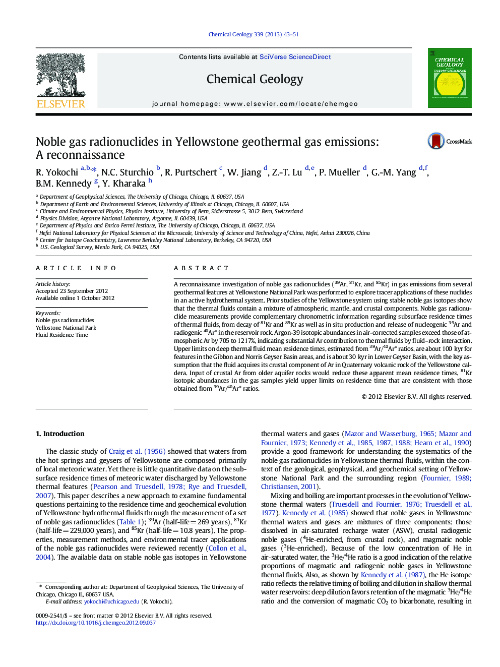 Noble gas radionuclides in Yellowstone geothermal gas emissions: A reconnaissance