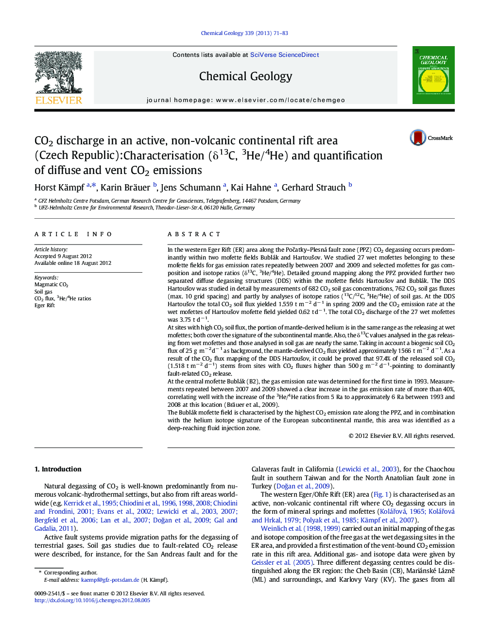 CO2 discharge in an active, non-volcanic continental rift area (Czech Republic): Characterisation (δ13C, 3He/4He) and quantification of diffuse and vent CO2 emissions