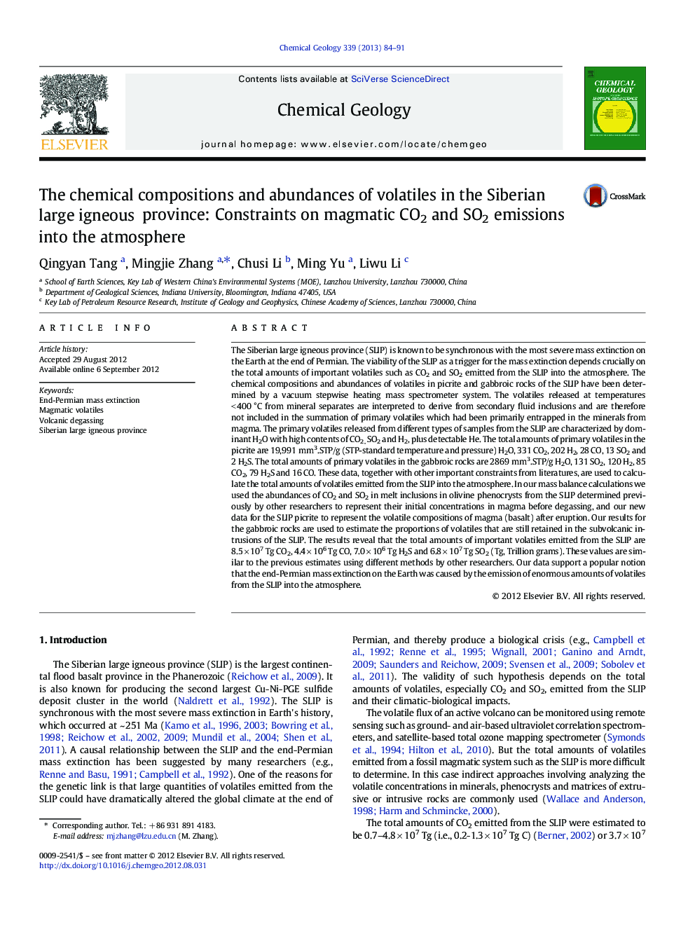 The chemical compositions and abundances of volatiles in the Siberian large igneous province: Constraints on magmatic CO2 and SO2 emissions into the atmosphere