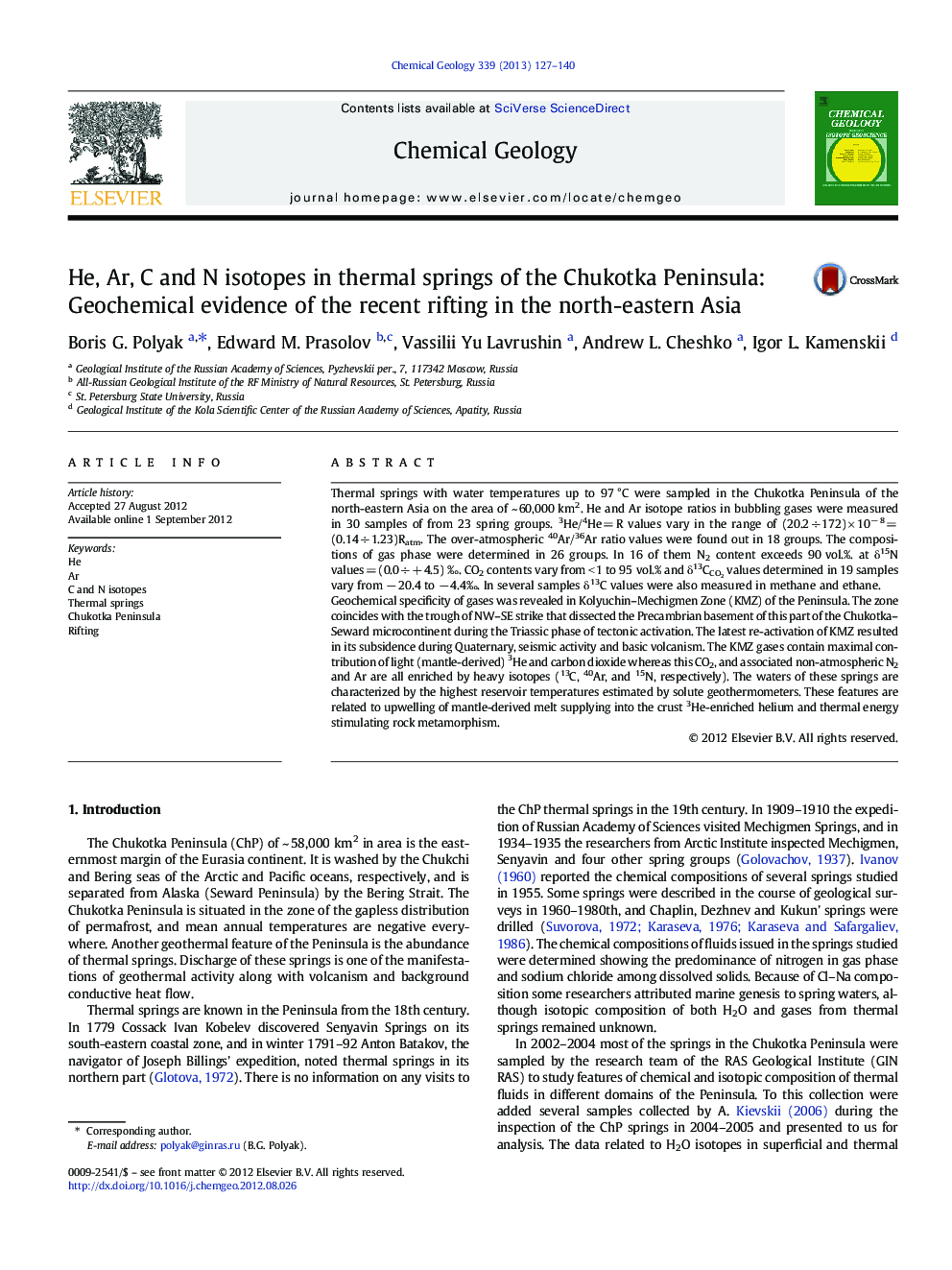 He, Ar, C and N isotopes in thermal springs of the Chukotka Peninsula: Geochemical evidence of the recent rifting in the north-eastern Asia