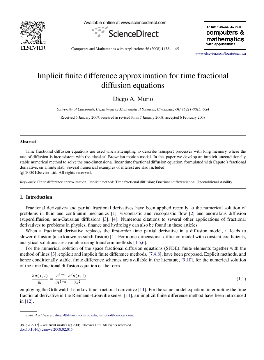 Implicit finite difference approximation for time fractional diffusion equations