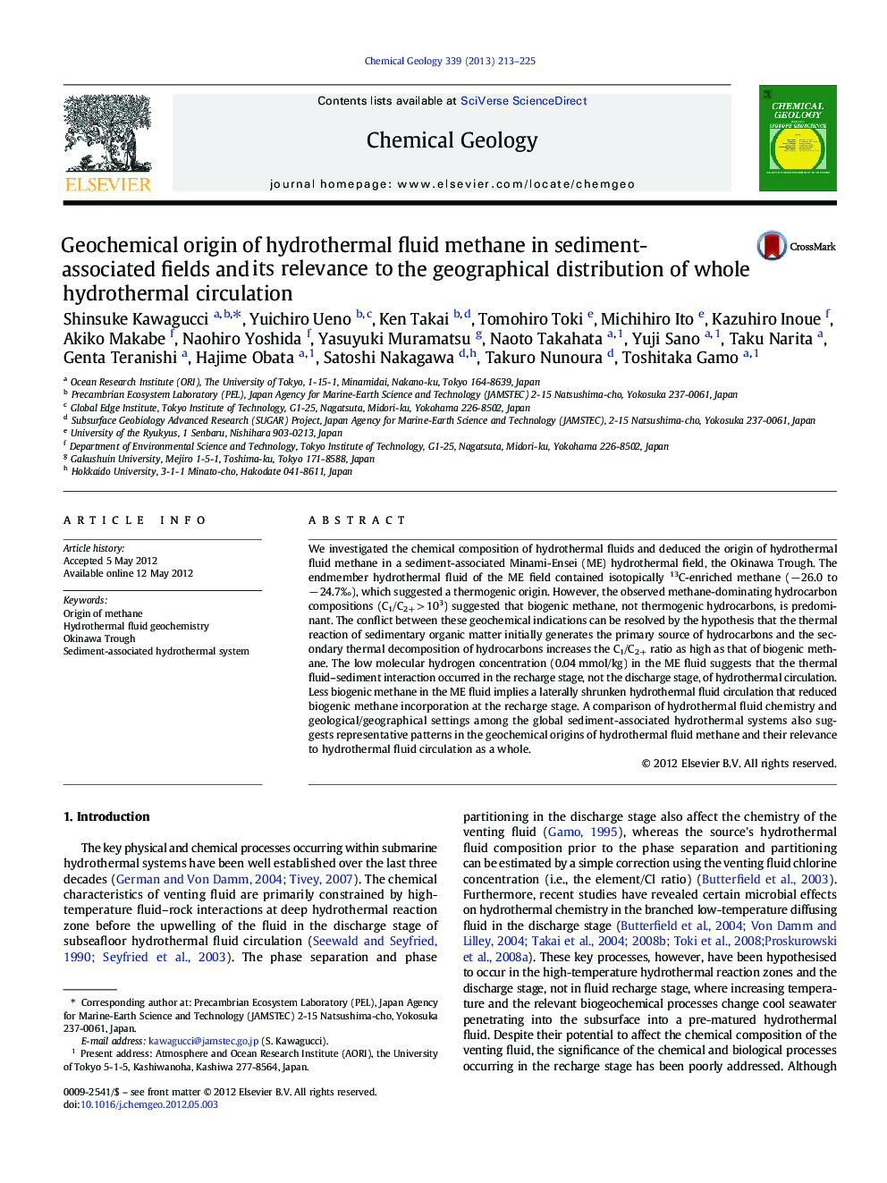 Geochemical origin of hydrothermal fluid methane in sediment-associated fields and its relevance to the geographical distribution of whole hydrothermal circulation