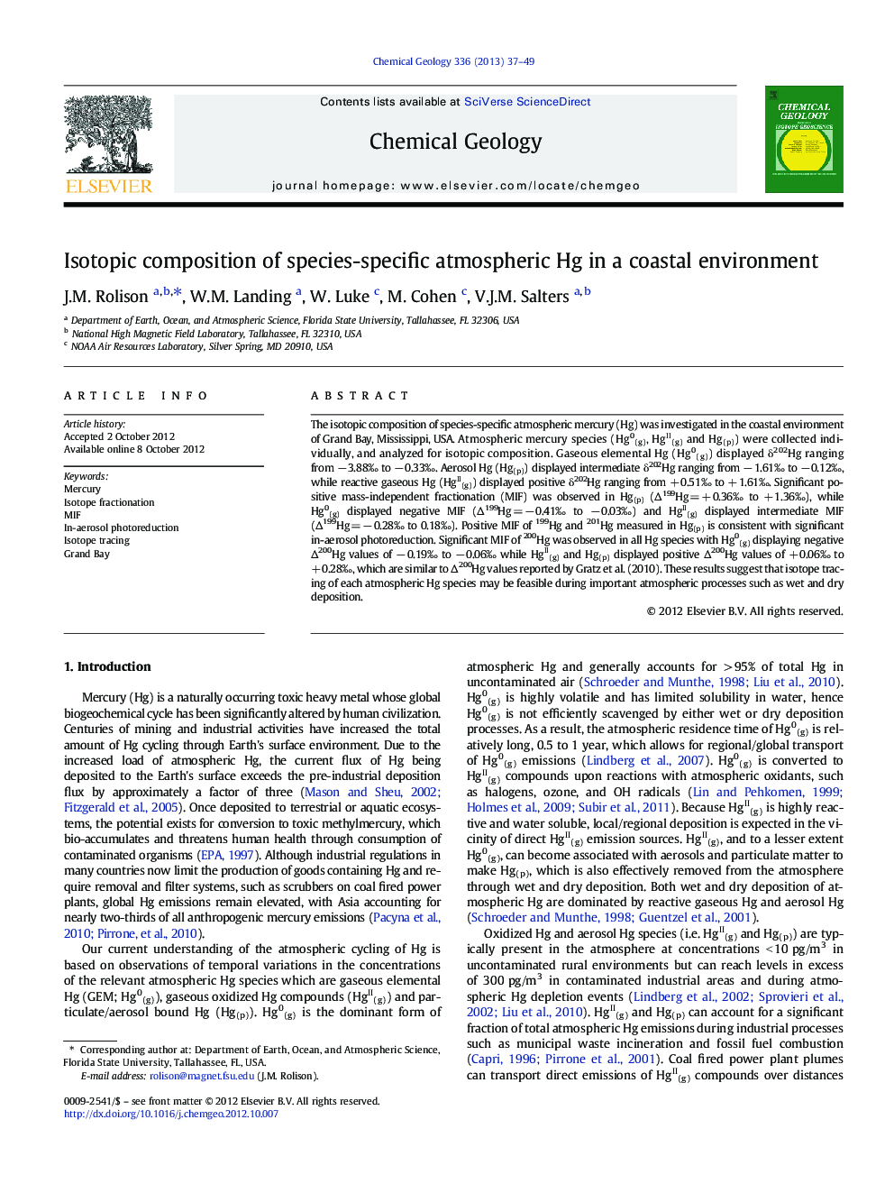 Isotopic composition of species-specific atmospheric Hg in a coastal environment