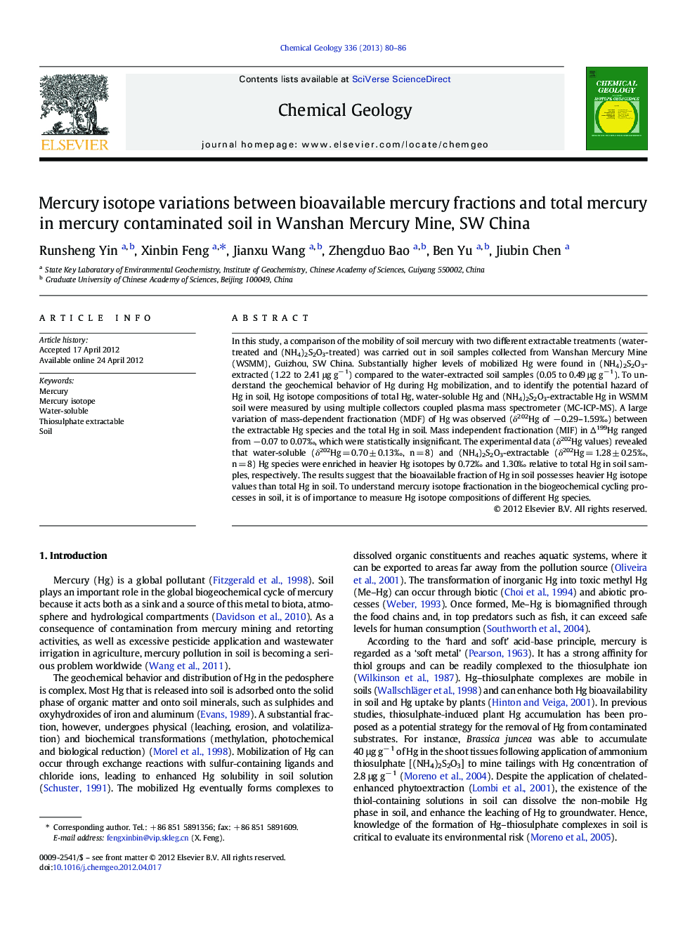 Mercury isotope variations between bioavailable mercury fractions and total mercury in mercury contaminated soil in Wanshan Mercury Mine, SW China