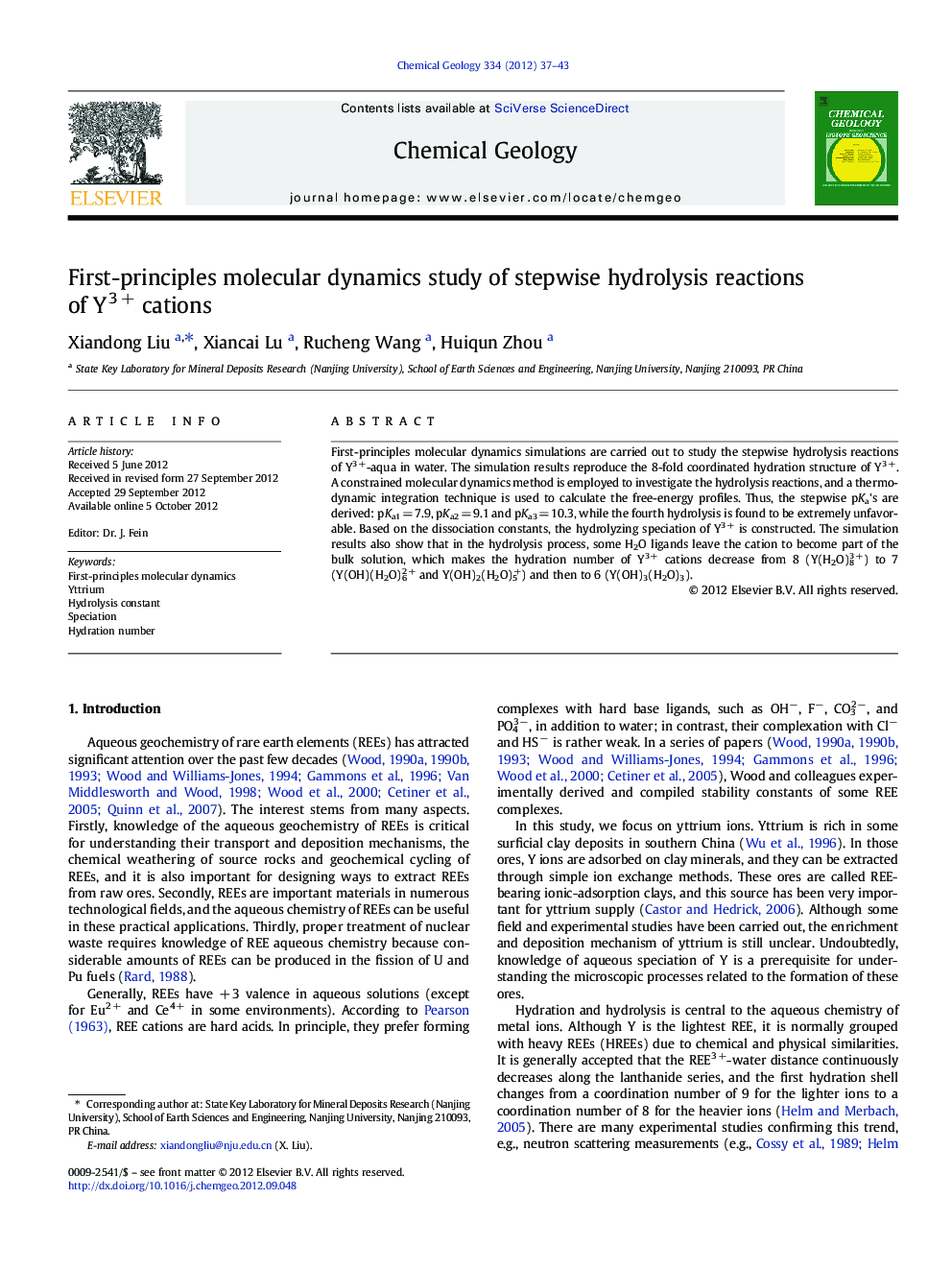 First-principles molecular dynamics study of stepwise hydrolysis reactions of Y3 + cations