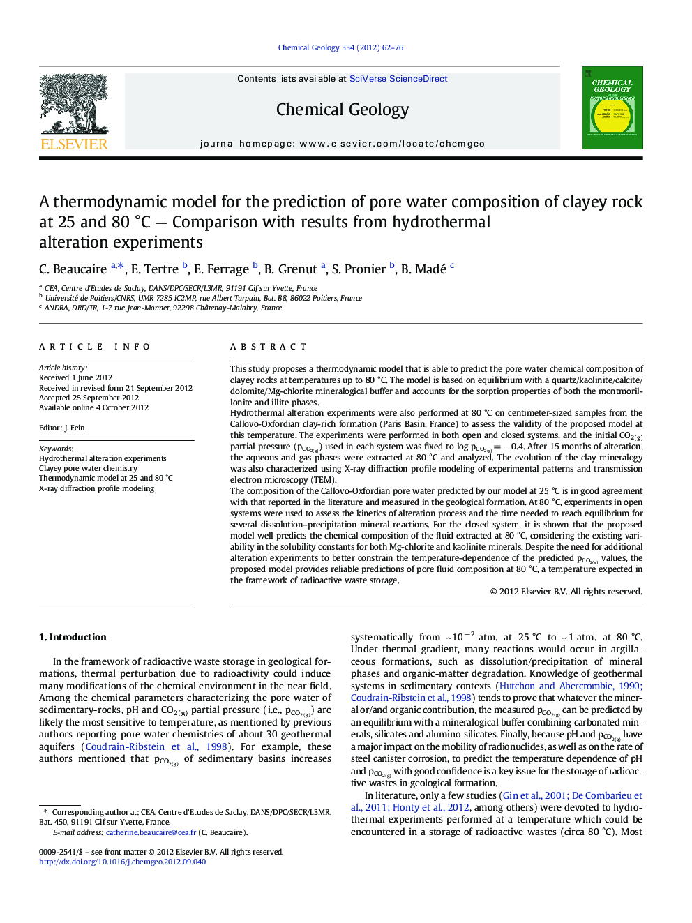 A thermodynamic model for the prediction of pore water composition of clayey rock at 25 and 80 °C — Comparison with results from hydrothermal alteration experiments