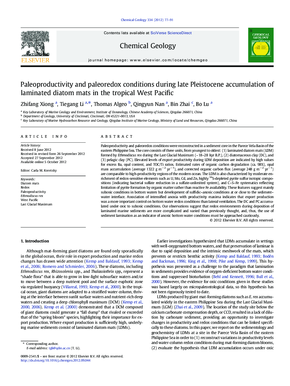 Paleoproductivity and paleoredox conditions during late Pleistocene accumulation of laminated diatom mats in the tropical West Pacific